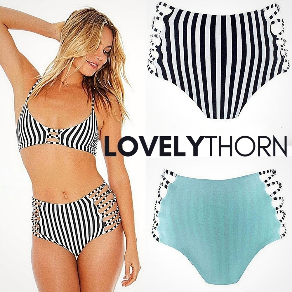 L*SPACE // tripp b&w striped high waist strappy side reversible cheeky bottoms